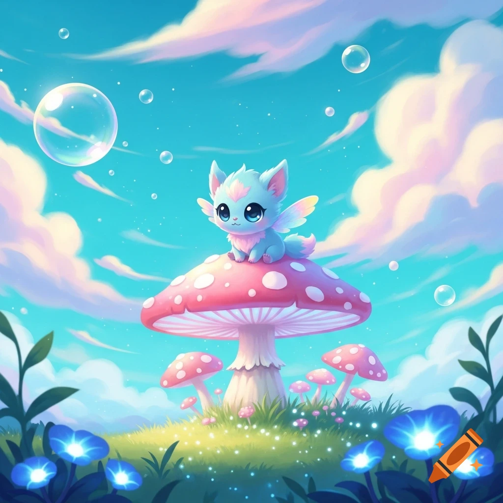 A cute, blue, winged cat-like creature with big eyes sits on a pink mushroom in a whimsical, colorful landscape with glowing flowers, bubbles, and clouds.