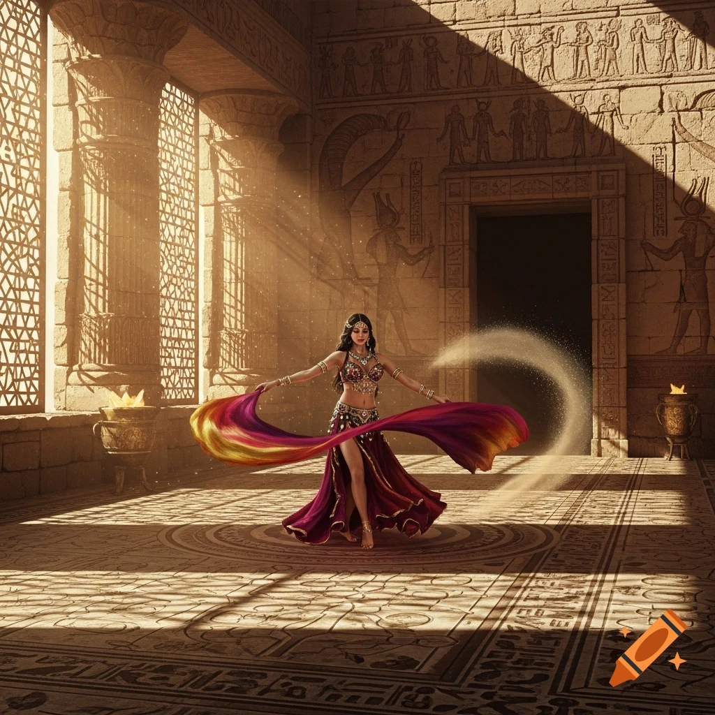 A belly dancer in a vibrant costume performs in a sunlit ancient Egyptian temple with hieroglyph-covered walls.