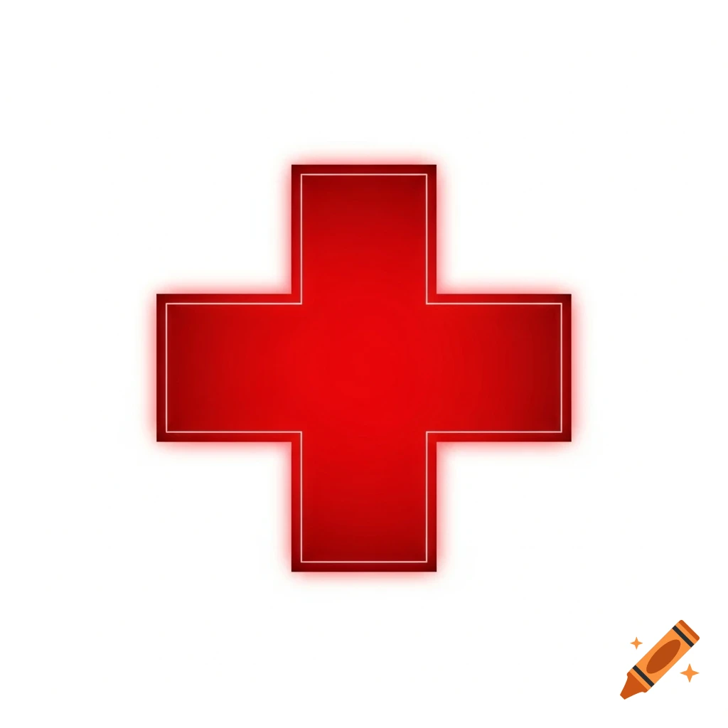 A bright red cross symbol with a glowing outline against a white background.