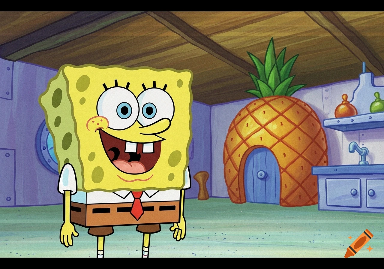 Spongebob Squarepants smiling widely in his pineapple house, rendered in a bright cartoon style.