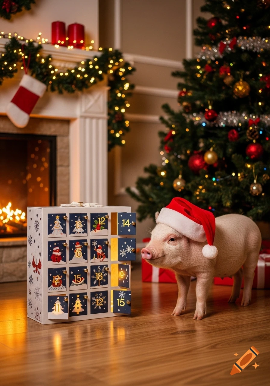A small piglet wearing a Santa hat stands beside an advent calendar in a festive Christmas living room with a fireplace and decorated tree.