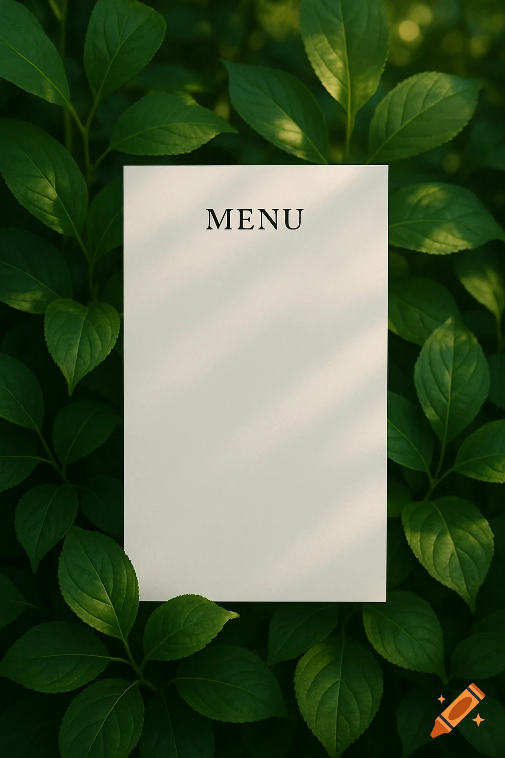 A white menu card with the word MENU in capital letters, surrounded by lush green leaves and dappled sunlight.