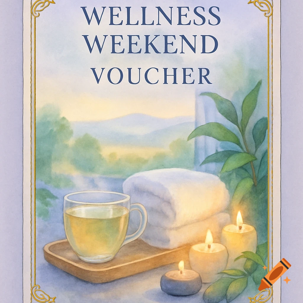 Watercolor illustration of a 'WELLNESS WEEKEND VOUCHER' with tea, candles, and towels against a serene landscape.