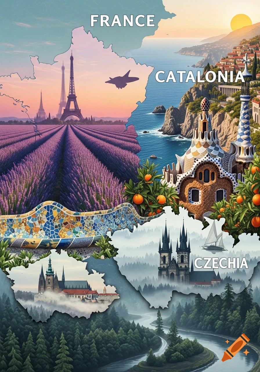 A vibrant map collage of France, Catalonia, and Czechia, featuring lavender fields, the Eiffel Tower, coastal towns, Gaudí-inspired architecture, forests, rivers, and castles.