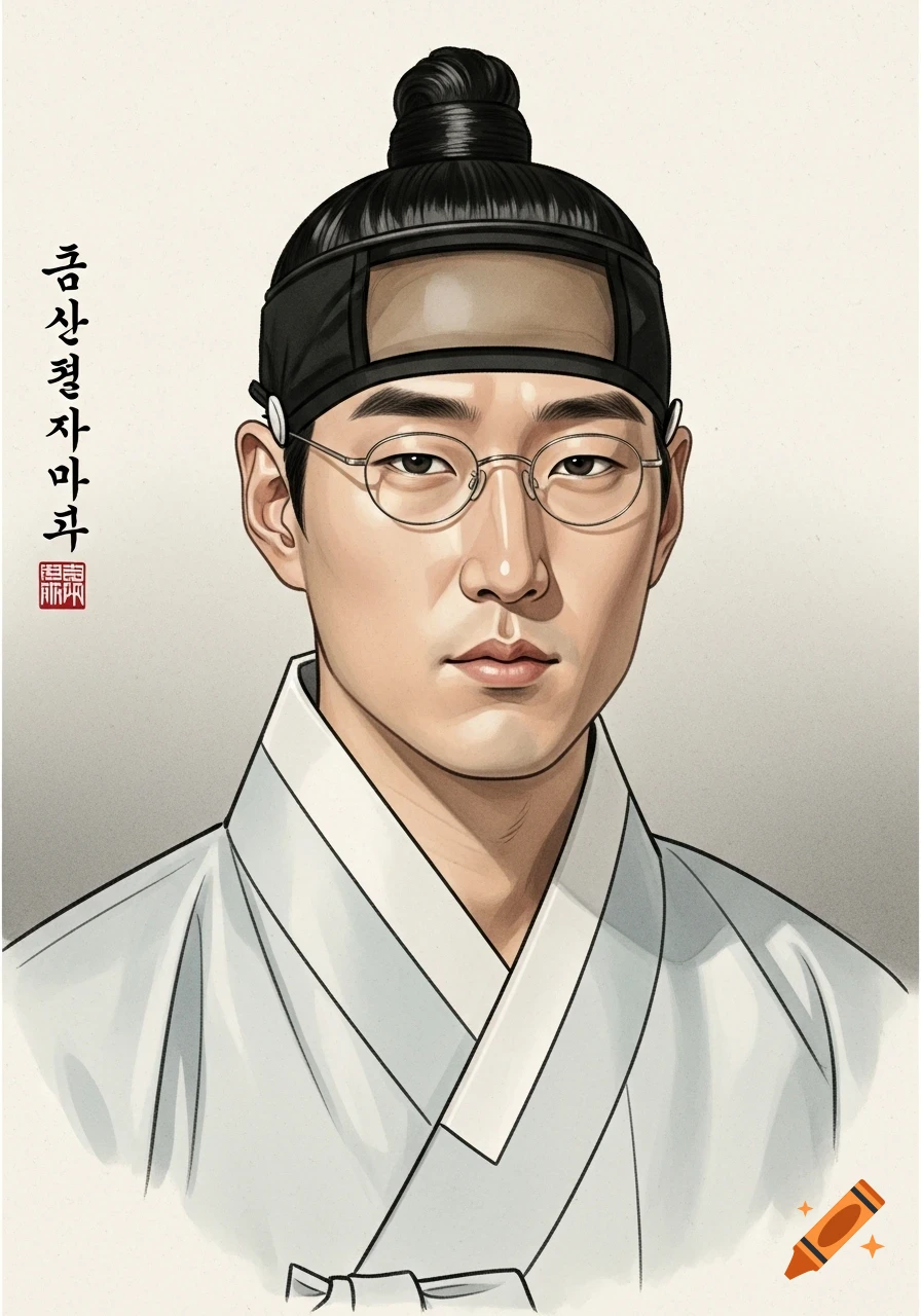 Illustration of a Korean man in traditional attire with glasses, featuring East Asian ink wash style and vertical text.