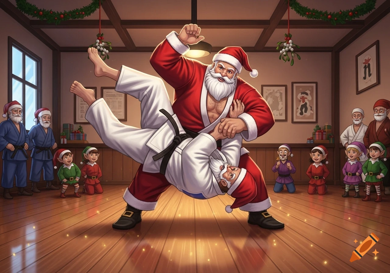 Cartoon Santa Claus performs a judo throw on another Santa in a Christmas-decorated dojo, observed by elves and Santas.