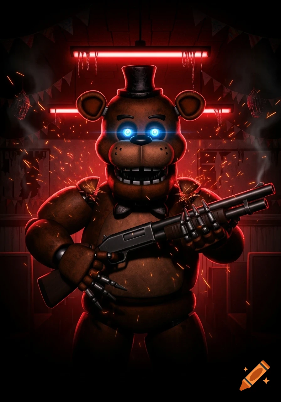 Freddy Fazbear with glowing blue eyes holds a shotgun in a dark, red-lit room with sparks.