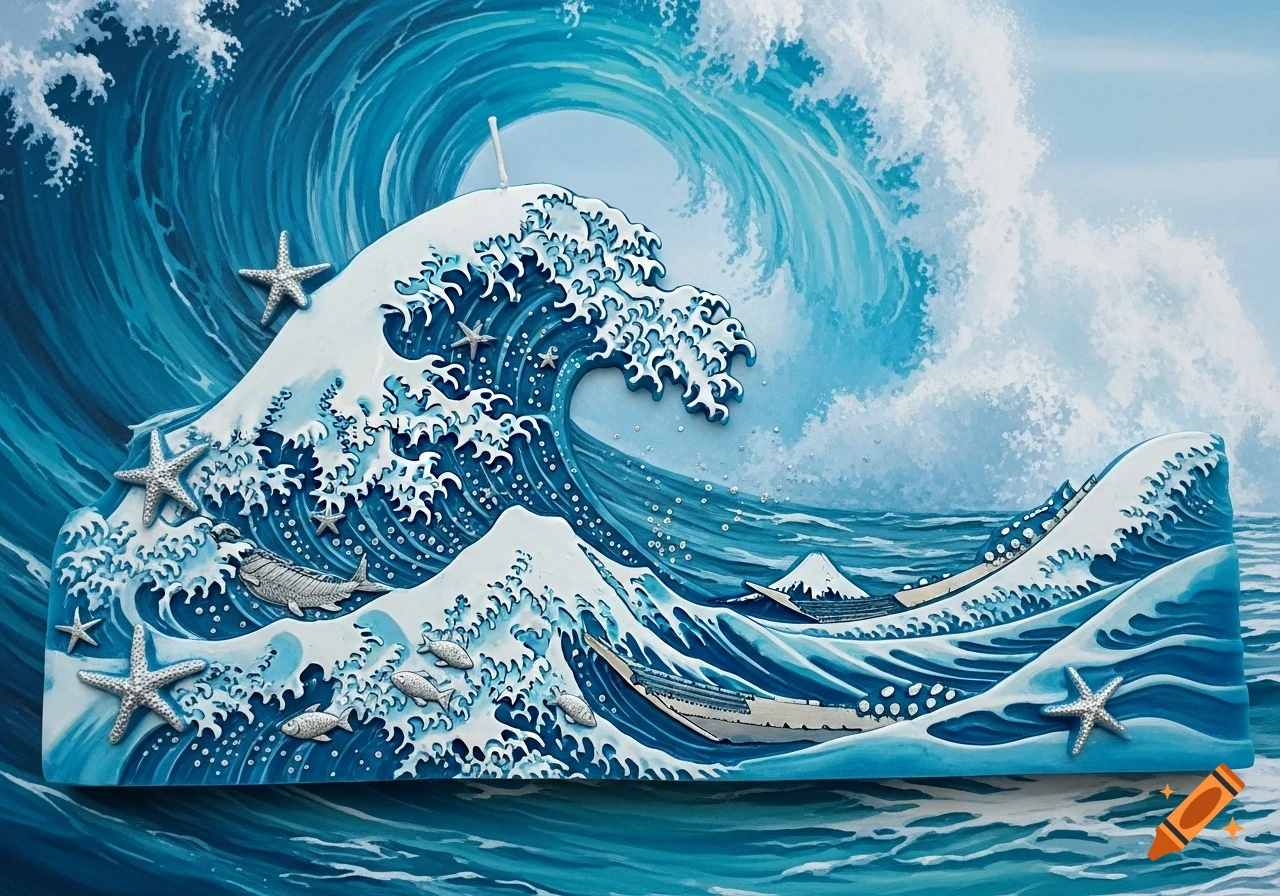 A stylized 3D relief of a turquoise tsunami wave with white foam, silver starfish and fish, and a stormy ocean background with Mount Fuji.