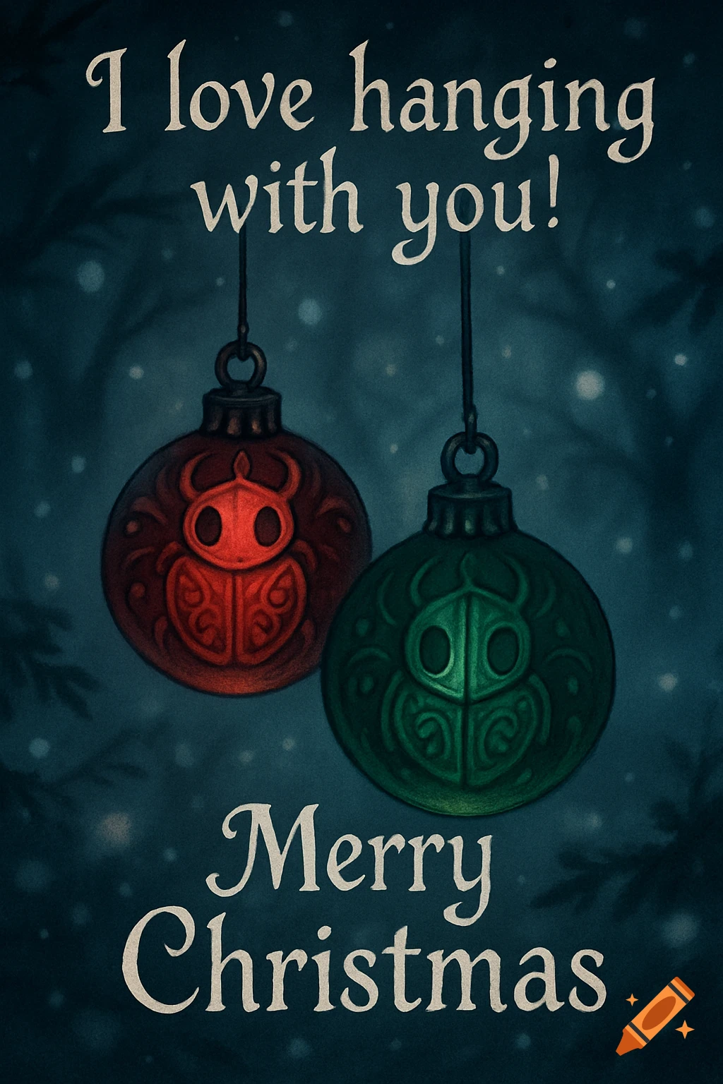 Drawn Christmas card with red and green Hollow Knight-style ornaments hanging on snowy branches, text 'I love hanging with you! Merry Christmas'.