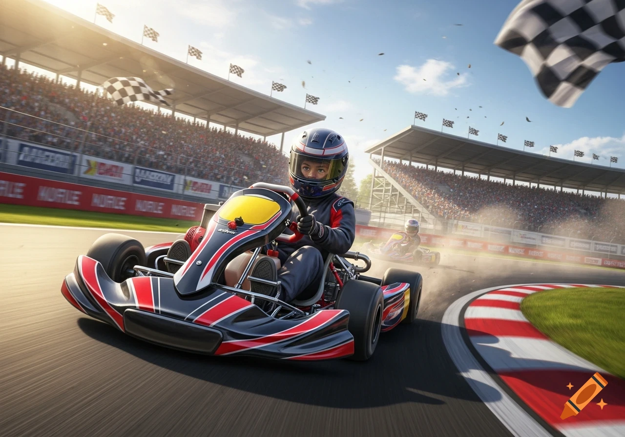 A young boy races a black and red go-kart on a track with a crowd in the grandstands and a checkered flag.