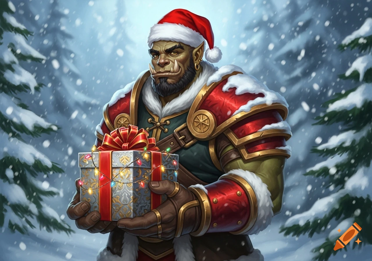 A green-skinned orc in a Santa hat and festive armor holds a gift with Christmas lights in a snowy forest, digital painting.
