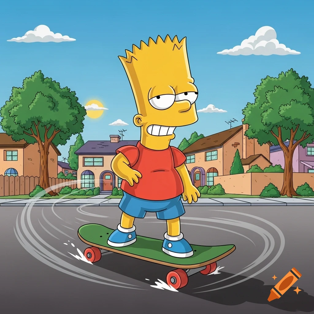 Cartoon Bart Simpson skateboarding on a suburban street under a sunny sky.