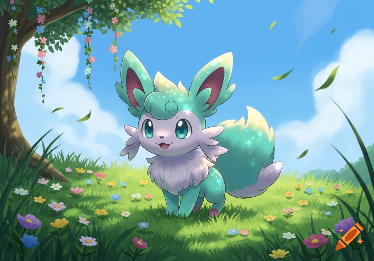 A cute mint green and purple fox-like fantasy creature stands in a sunny, grassy field with colorful flowers under a tree, in an anime style.