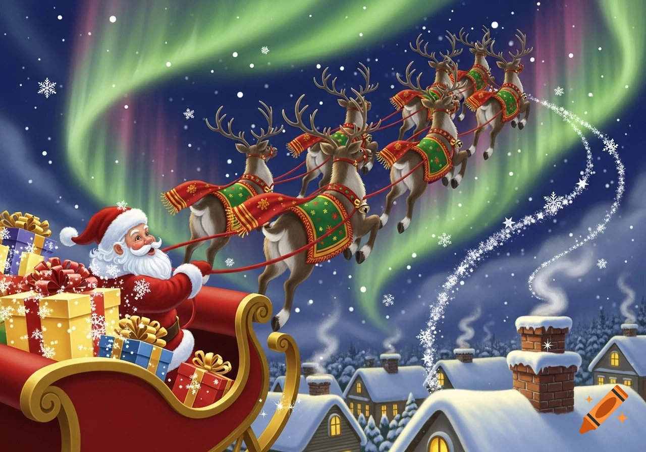 Santa Claus in a sleigh full of gifts pulled by a team of reindeer flying over a snowy village under a starry night sky with aurora borealis.