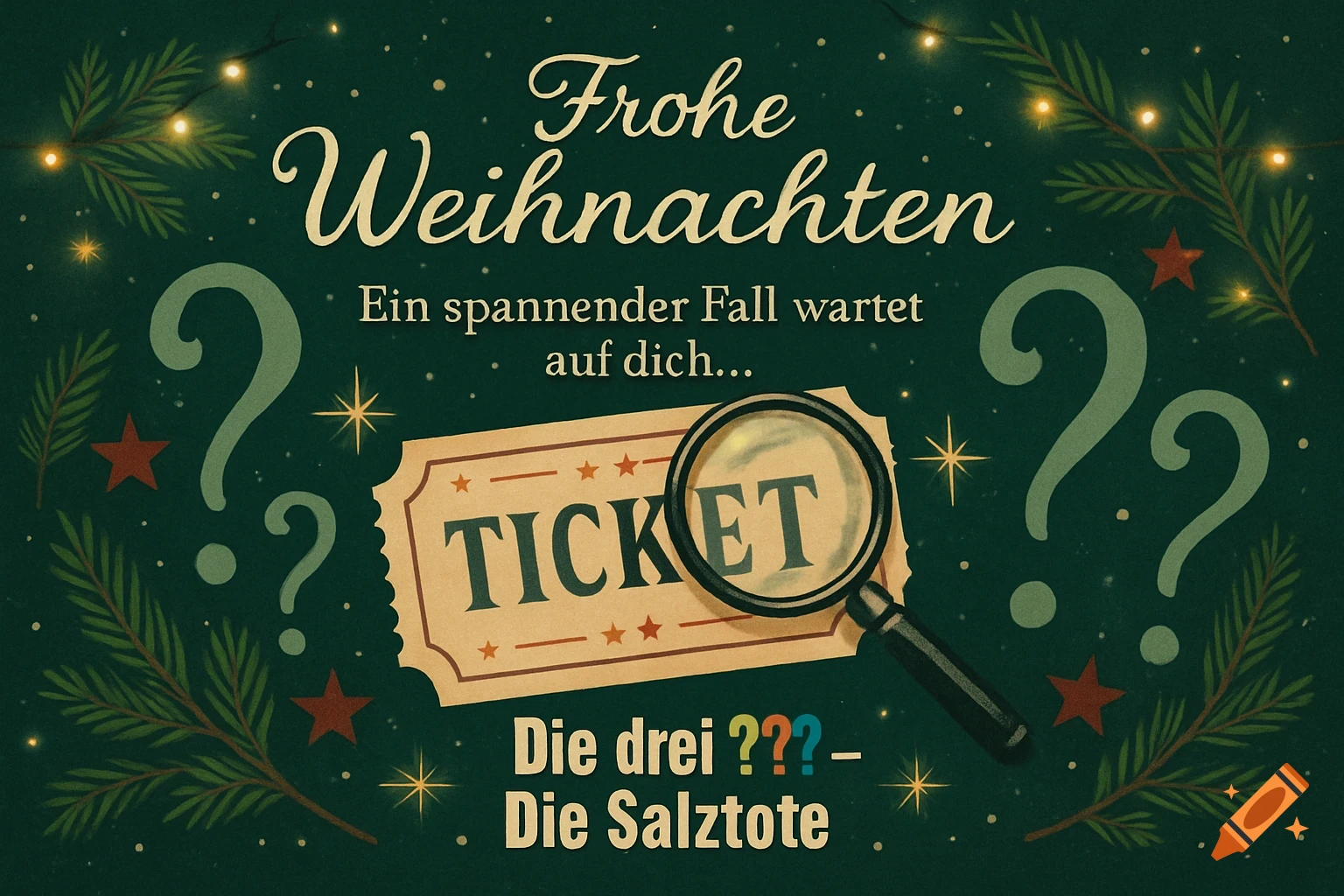 Christmas detective illustration with a ticket, magnifying glass, question marks, and German text 'Frohe Weihnachten'.