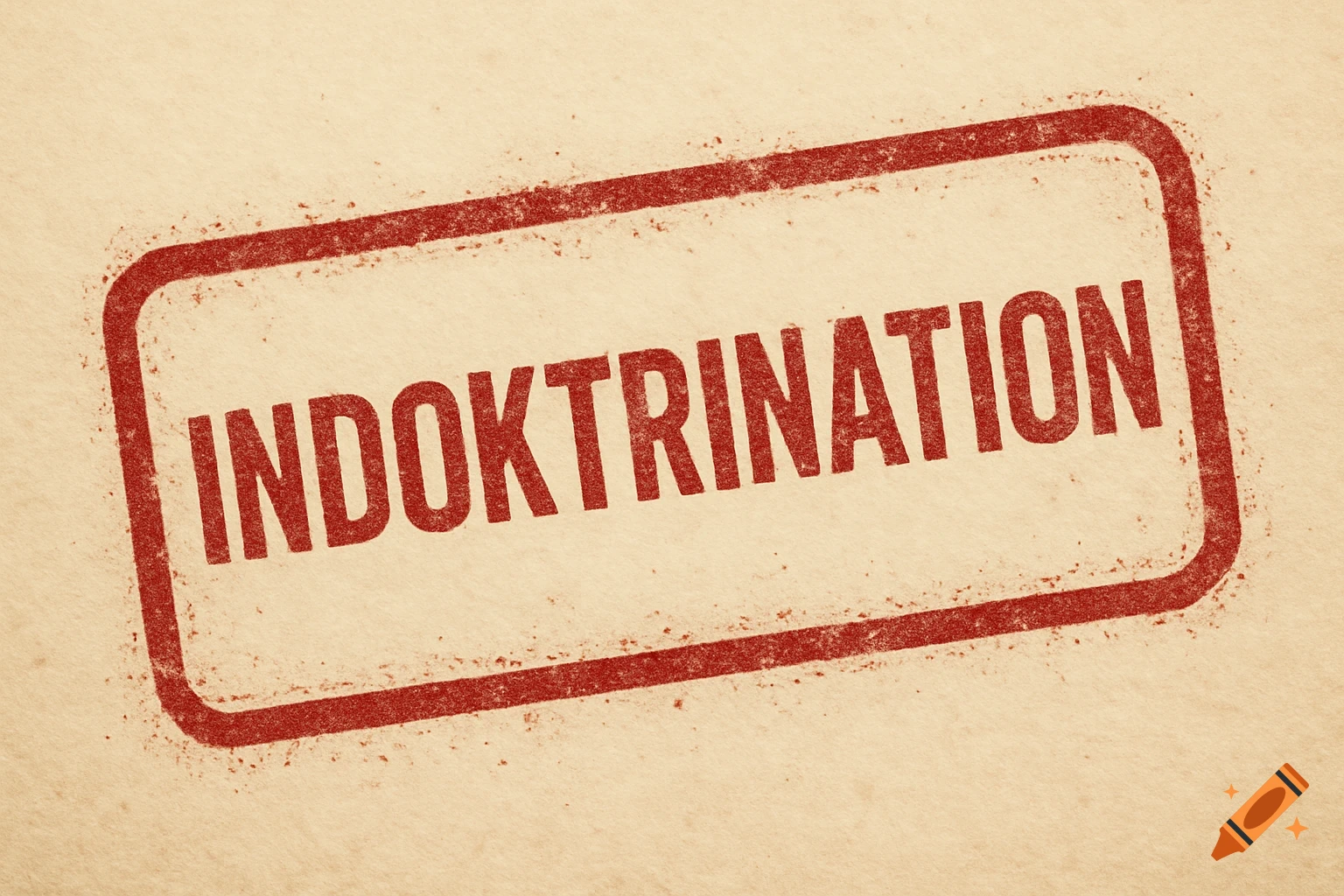 Red grunge stamp with "INDOKTRINATION" on textured beige paper.