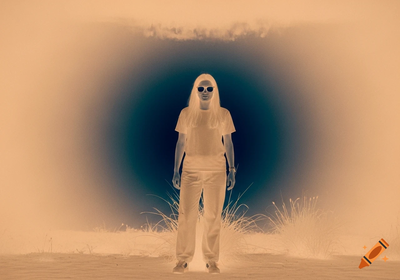 A person with long light hair and sunglasses stands in an inverted-color desert landscape against a dark blue background.