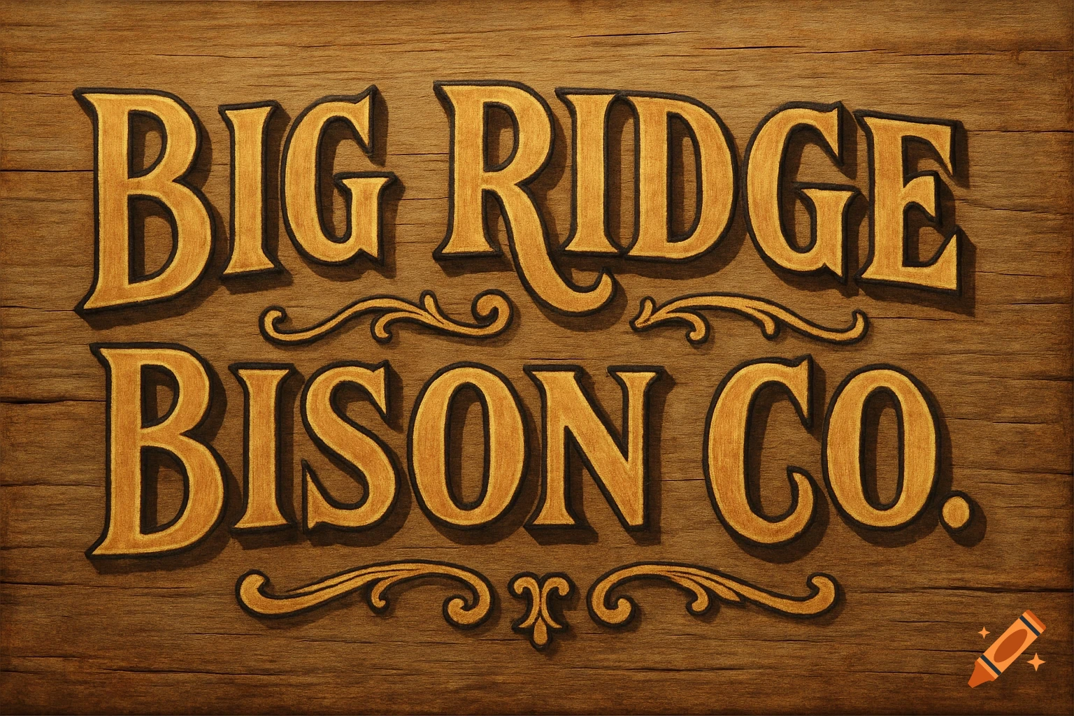 A vintage Western-style wooden sign with ornate gold lettering reads "BIG RIDGE BISON CO."