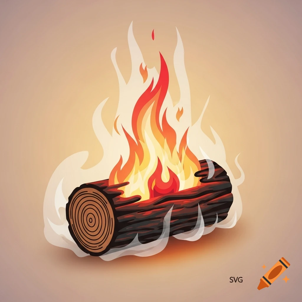 Stylized illustration of a burning log with orange and red flames and white smoke on a light background.