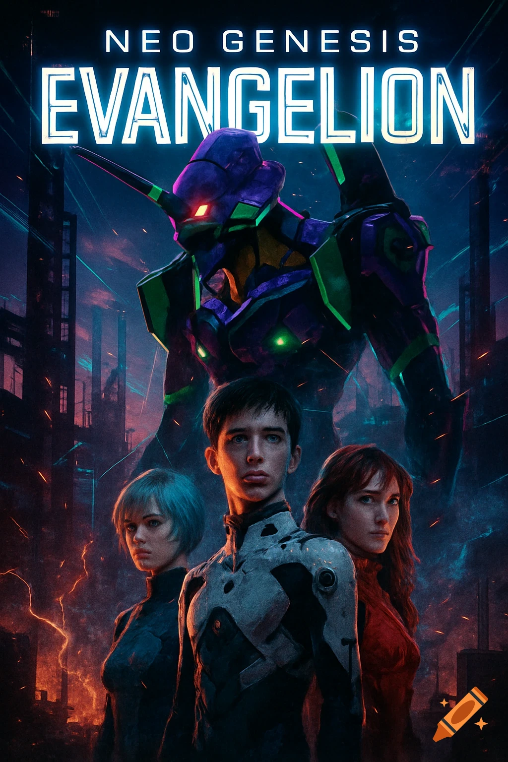 A photorealistic Neon Genesis Evangelion movie poster with the Unit-01 mecha towering over Shinji, Rei, and Asuka in a dark city.