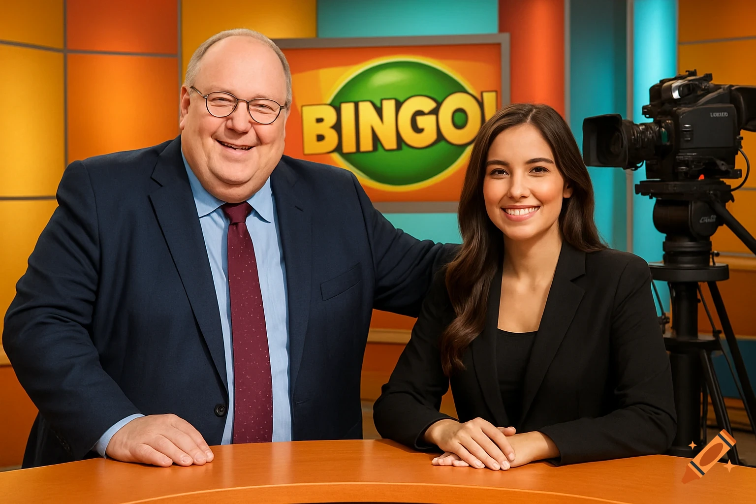 A man and a woman smiling in a TV studio behind a desk, with a 'BINGO!' sign and a camera in the background.