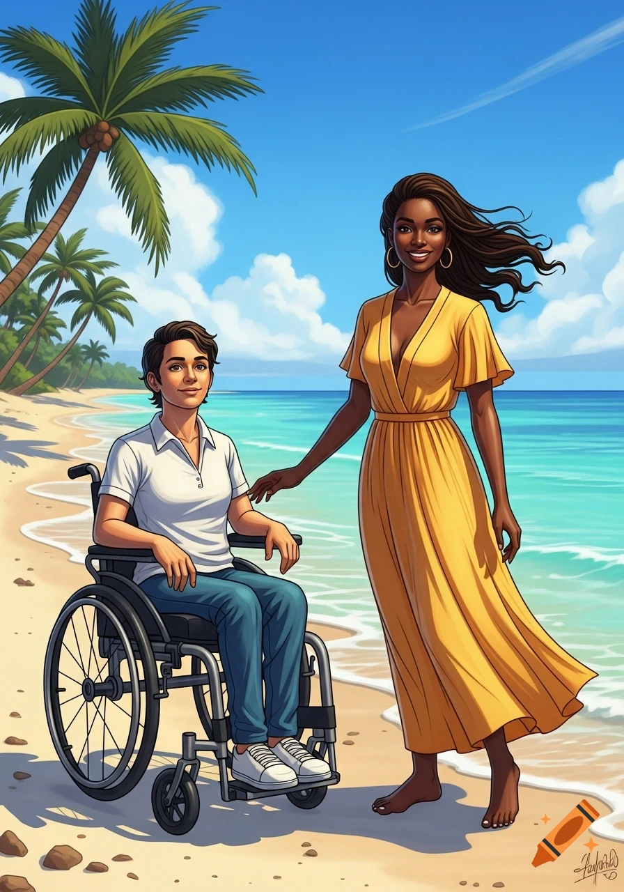 A woman in a wheelchair and another woman standing on a tropical beach with palm trees and clear blue water, in a cartoon style.