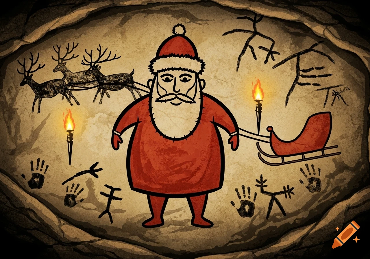 A stylized cave painting shows Santa Claus in red, holding a sleigh, with reindeer, torches, ancient symbols, and handprints on a cavern wall.
