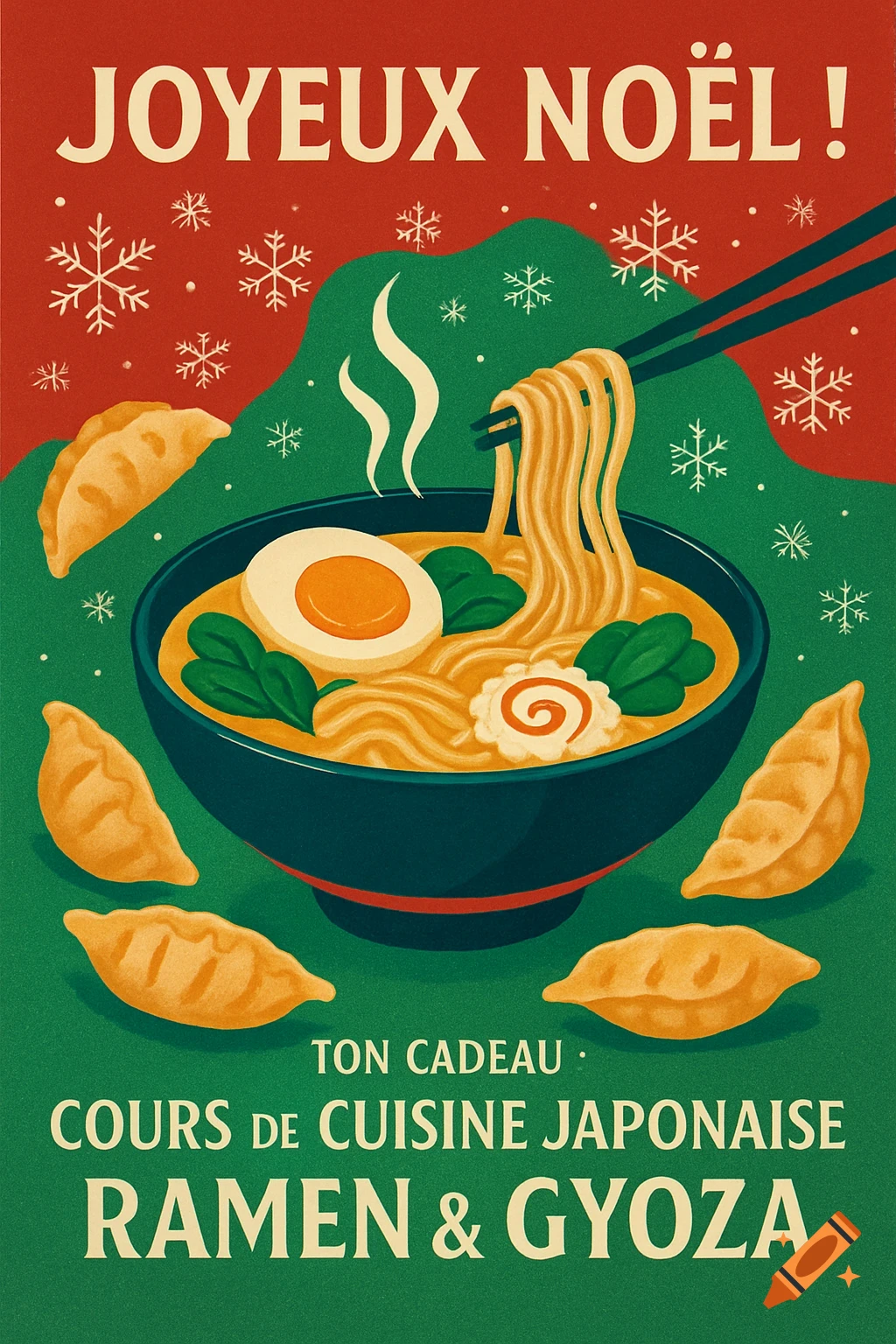 Retro Christmas poster for a Japanese cooking class, showing ramen, gyoza, snowflakes, and text 'Joyeux Noël! Ton Cadeau: Cours de Cuisine Japonaise - Ramen & Gyoza'.
