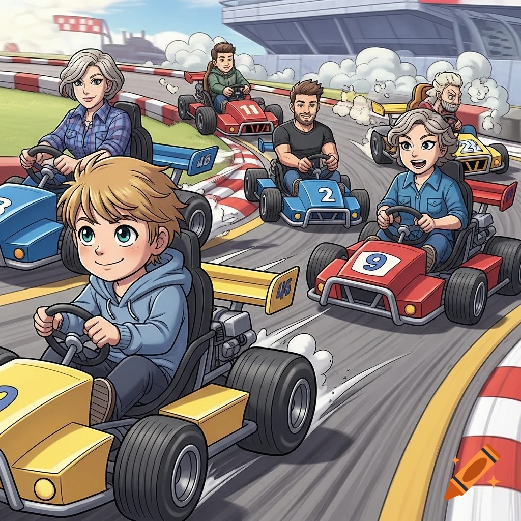 Cartoon illustration of people of various ages racing go-karts on a track.