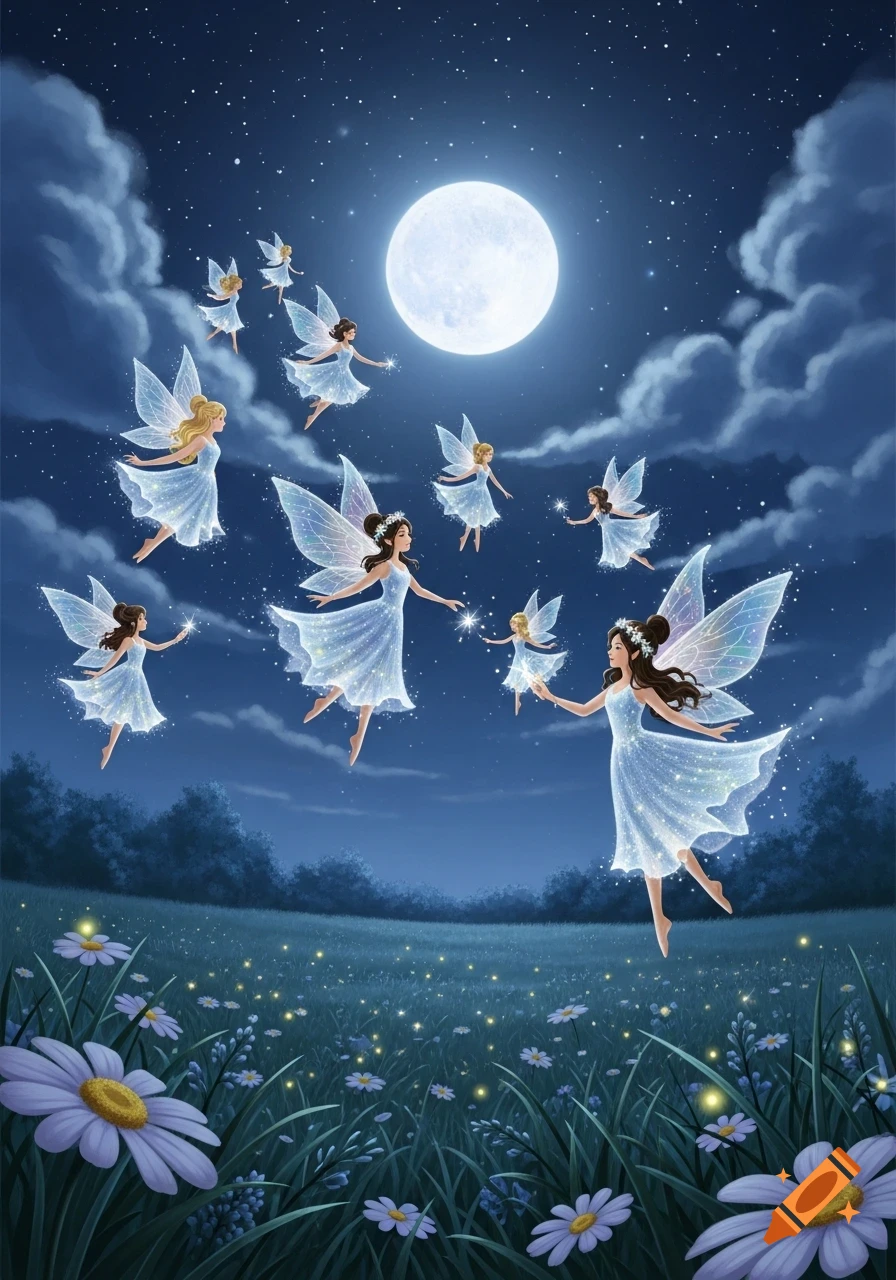 Several fairies with glowing wings fly under a bright full moon over a field of sparkling flowers at night.