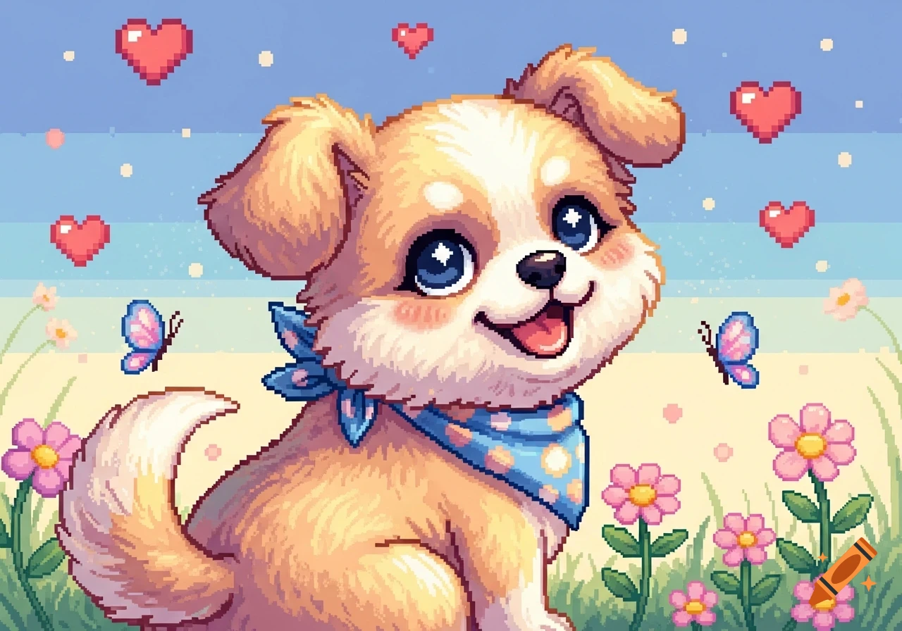 A cute pixel art dog with a blue bandana sits in a field with butterflies, pink flowers, and floating hearts under a pastel sky.