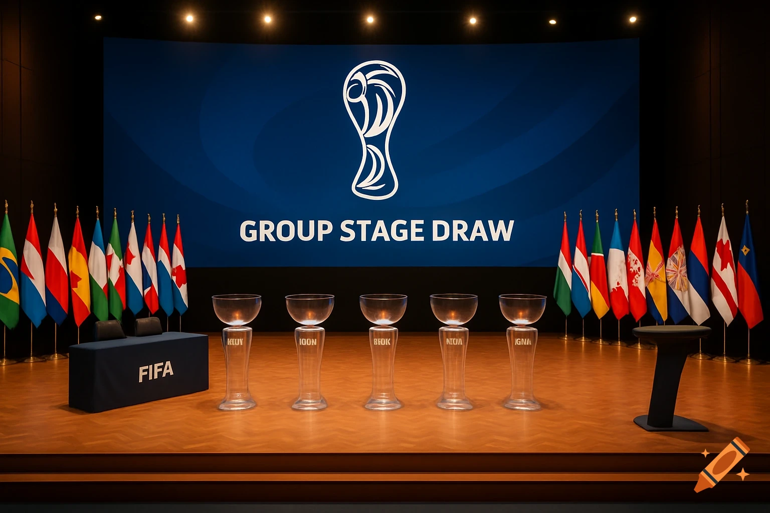 A brightly lit stage for a sports event with a large screen displaying "GROUP STAGE DRAW" and a stylized trophy logo. Flags line both sides, and five transparent urns stand in the foreground near a blue "FIFA" table.