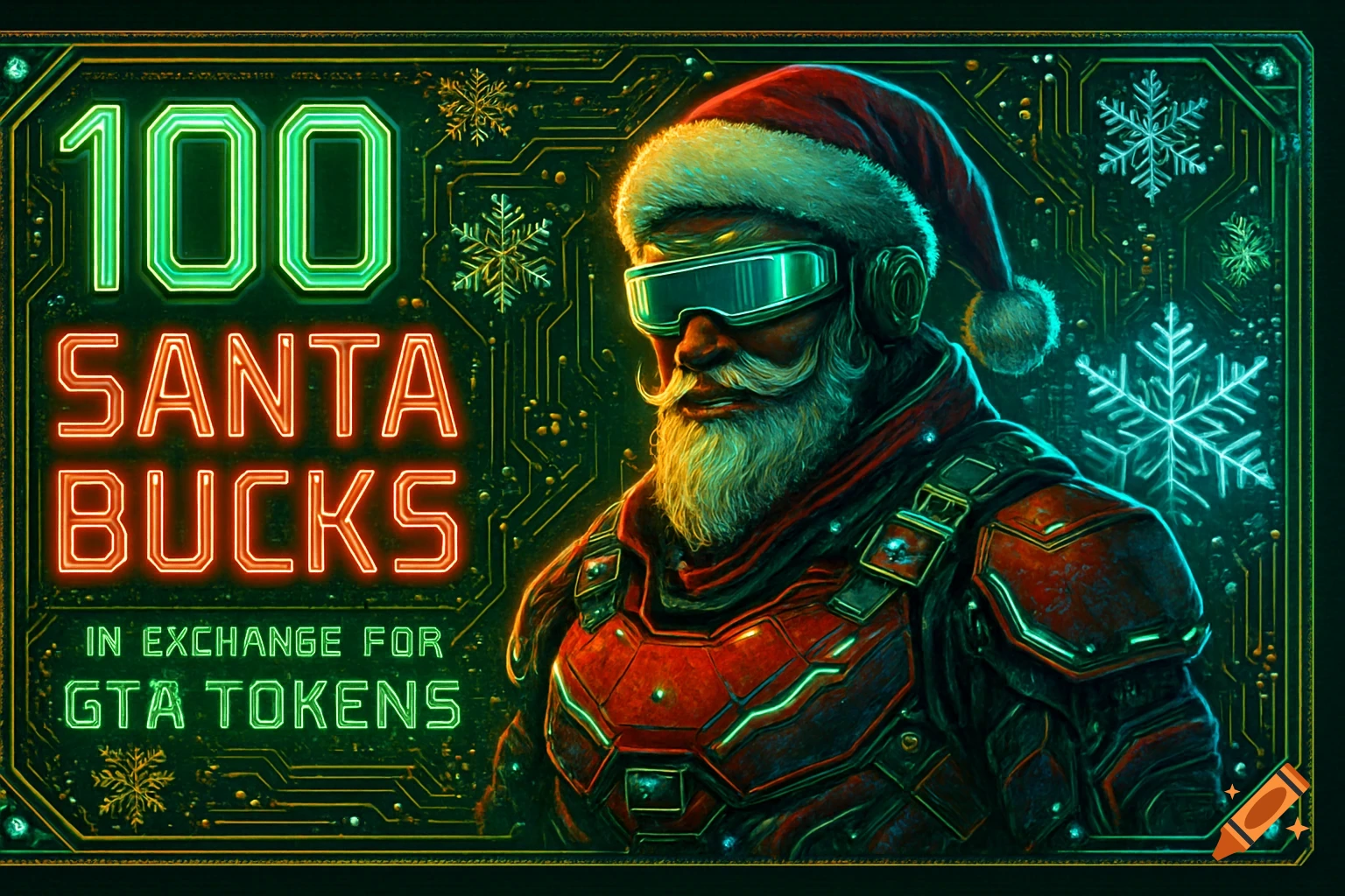 A cyberpunk Santa Claus with a holographic visor on a neon-lit digital banknote. Text reads '100 Santa Bucks in exchange for GTA Tokens'.