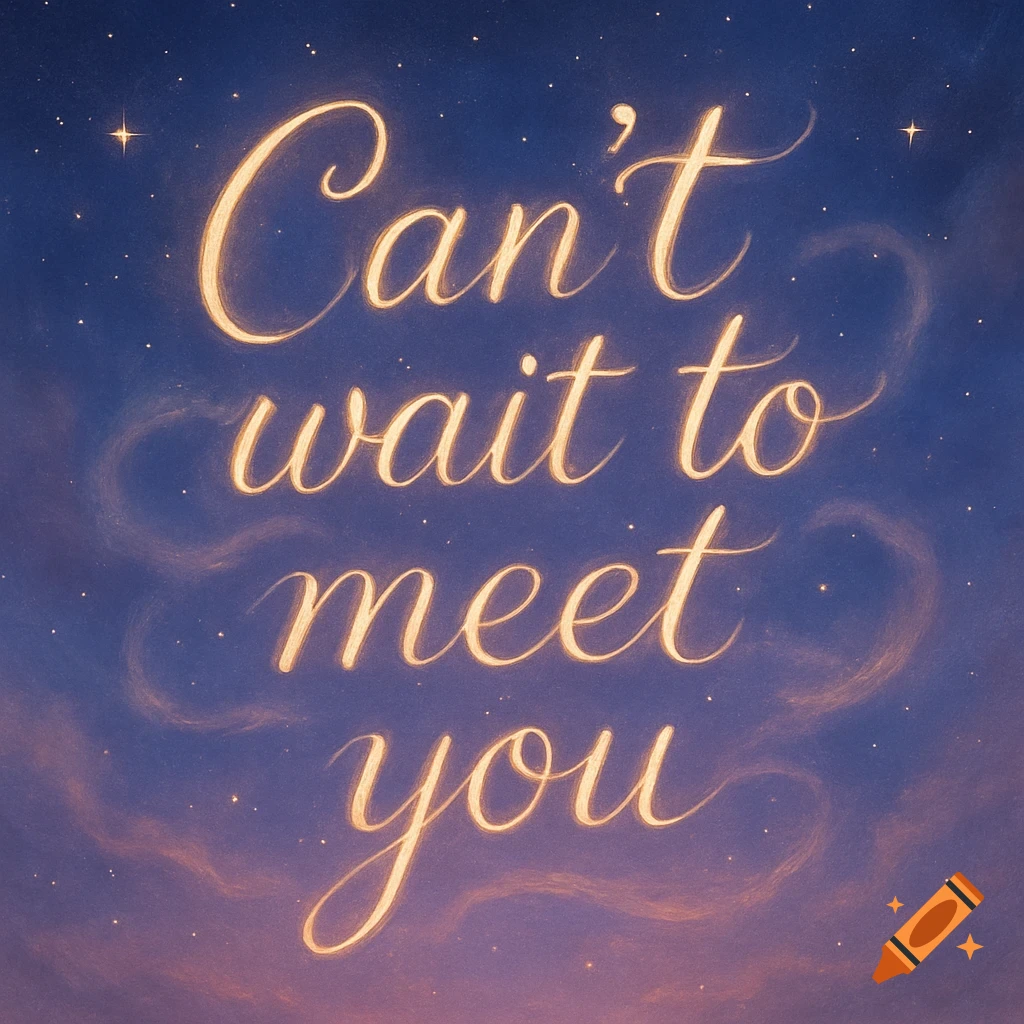 Glowing cursive text "Can't wait to meet you" against a starry night sky with wispy clouds.