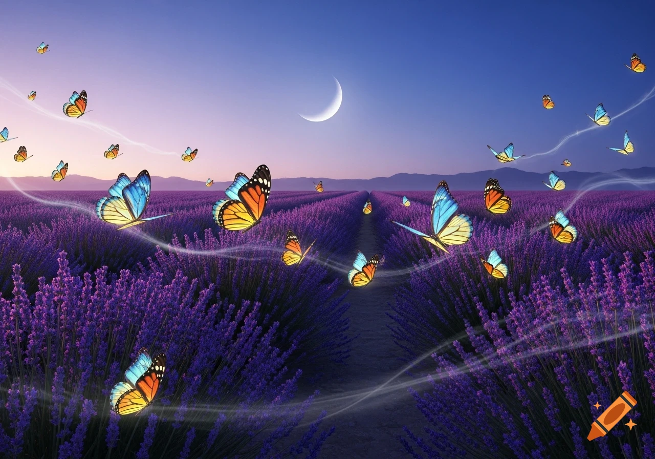 Vibrant butterflies with glowing wings fly over a purple lavender field under a crescent moon at dusk.