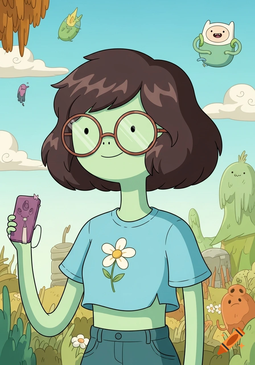 A green-skinned, brown-haired character in Adventure Time style, wearing glasses and a blue crop top with a daisy, holding a purple phone, in a whimsical landscape.