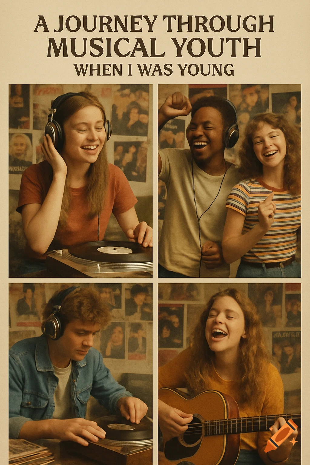 A four-panel retro photo collage showing happy teenagers listening to records, dancing, and playing guitar, with old posters in the background.