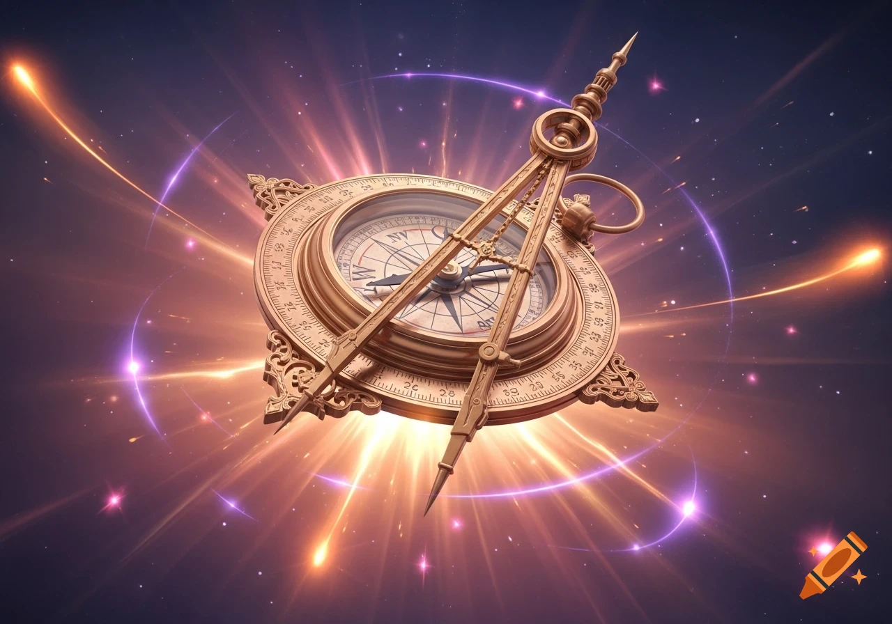 A detailed golden antique compass and drafting tool combination floats amidst glowing pink, orange, and purple cosmic light trails in space.