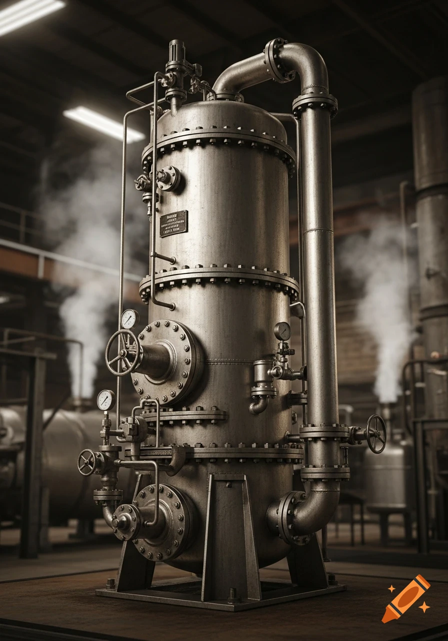 A large, detailed industrial pressure vessel with pipes, gauges, and valves, emitting steam in a factory setting.