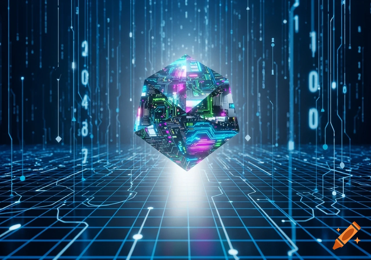 A glowing, circuit-board-like cube floats above a grid of blue lines in a dark, futuristic digital space.