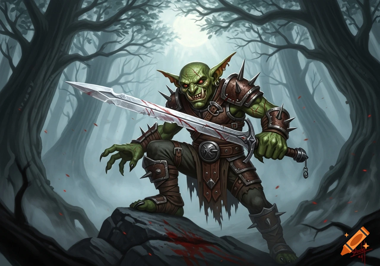 A fierce green goblin warrior with glowing red eyes, sharp teeth, and spiked armor wields a bloodied sword in a dark, misty forest.