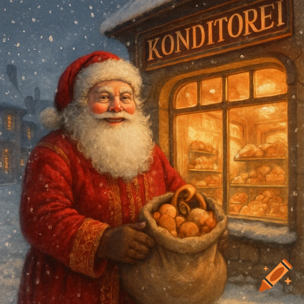 Santa Claus in a red coat stands in front of a snowy bakery with a sign reading 'KONDITOREI', holding a sack of goodies, in a painterly style.