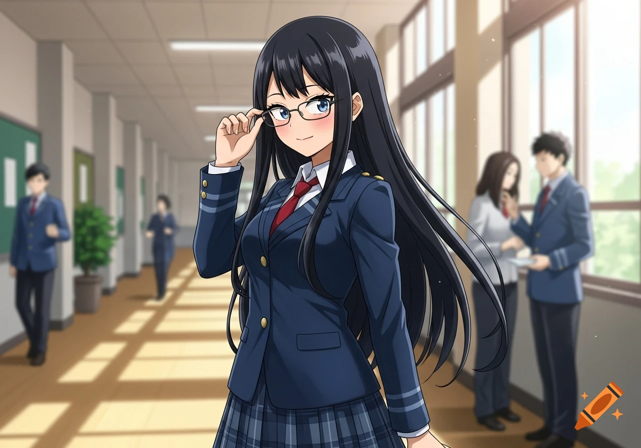 Anime-style female student with long black hair and glasses, wearing a navy uniform and red tie, smiles in a school hallway.