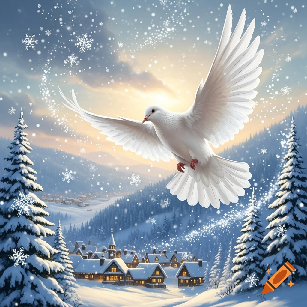 A white dove flies over a snowy village with illuminated houses and pine trees as large snowflakes fall from a glowing sky.