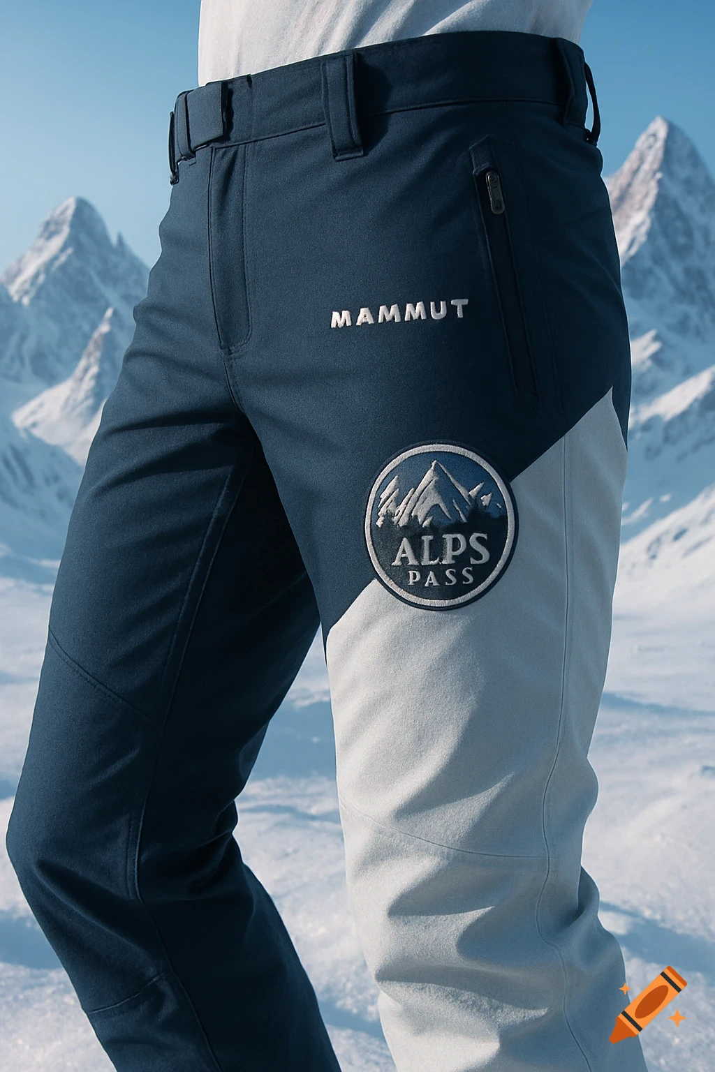 Close-up of a person wearing blue and white ski pants with MAMMUT and ALPS PASS logos, in a snowy mountain landscape.