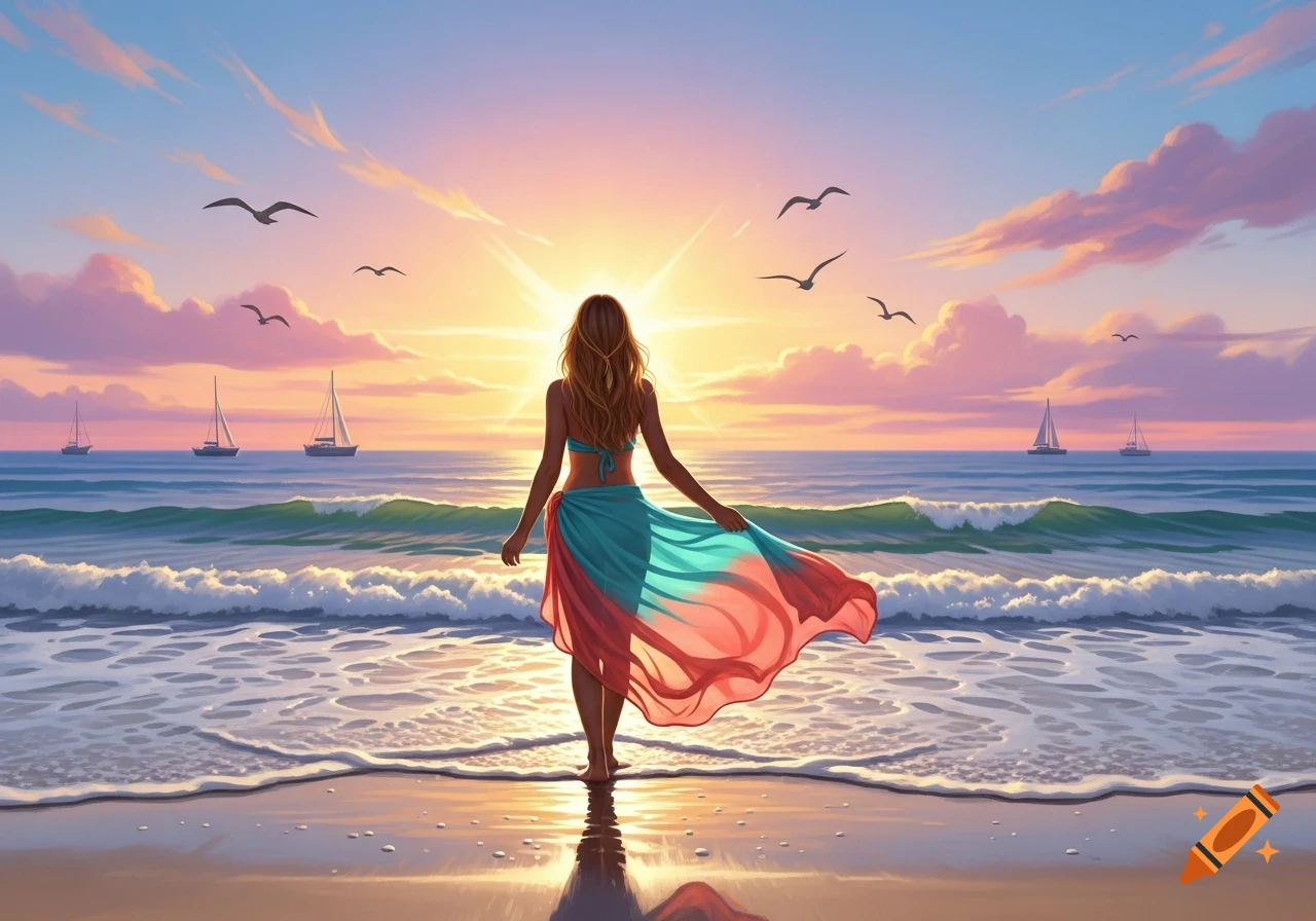 A woman in a bikini and sarong stands on a beach facing a vibrant sunset over the ocean, with birds flying and sailboats.