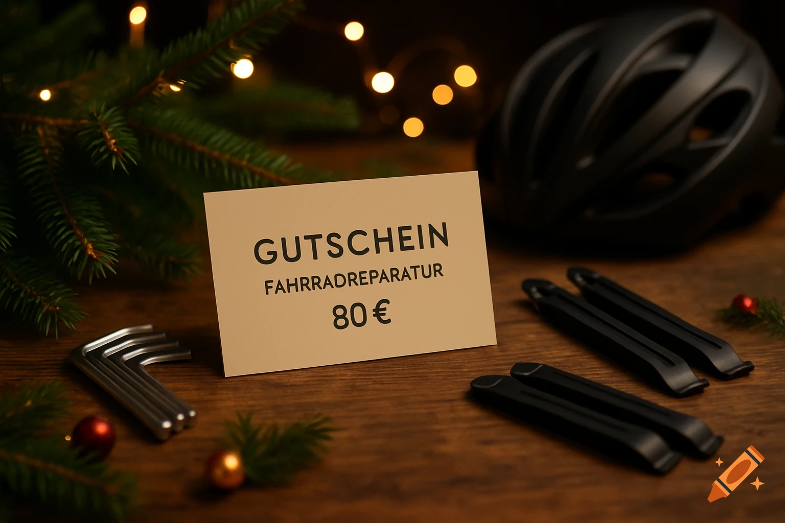 A gift voucher for bicycle repair, tools, and a helmet on a wooden table with Christmas decorations, rendered in a photorealistic style.
