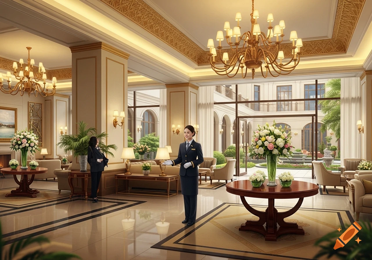 Photorealistic image of a grand hotel lobby with two female staff members, ornate chandeliers, and large windows.