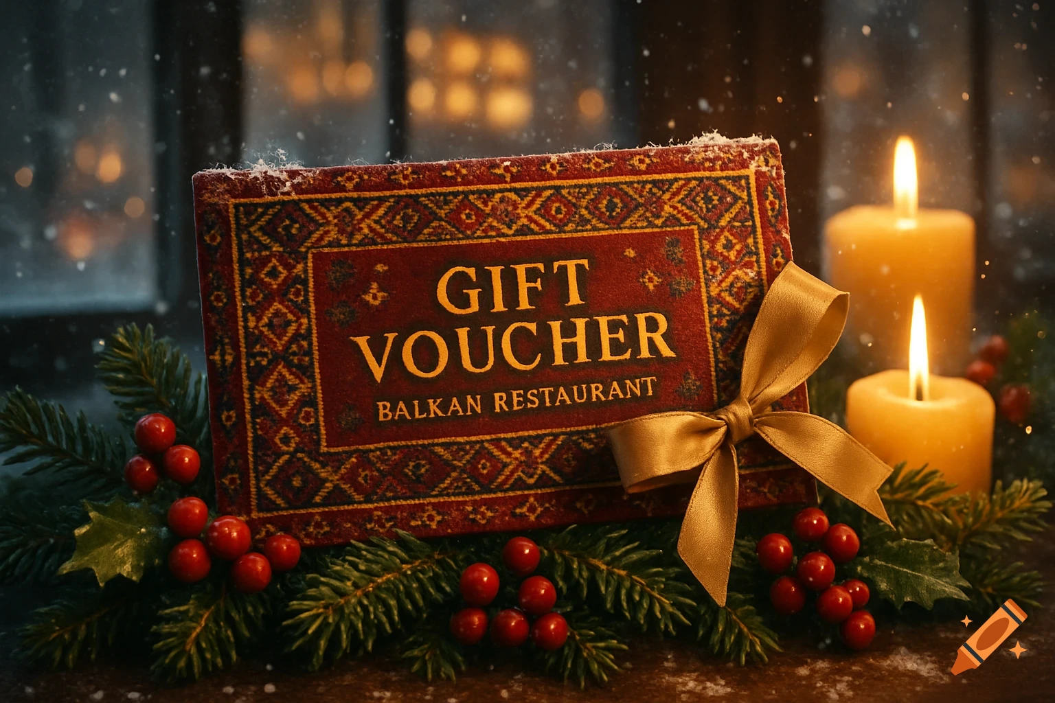 Photorealistic image of a red 'Gift Voucher Balkan Restaurant' decorated with a gold bow, pine, red berries, and lit candles, with falling snow.