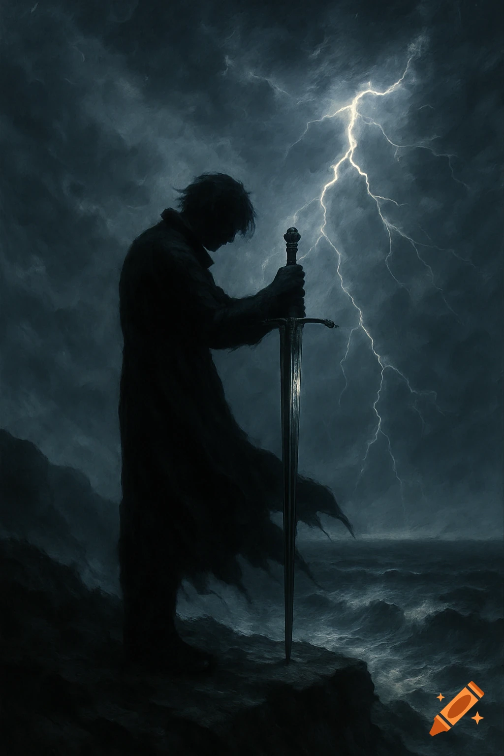 Silhouetted figure holding a sword on a stormy cliff overlooking the sea with lightning.
